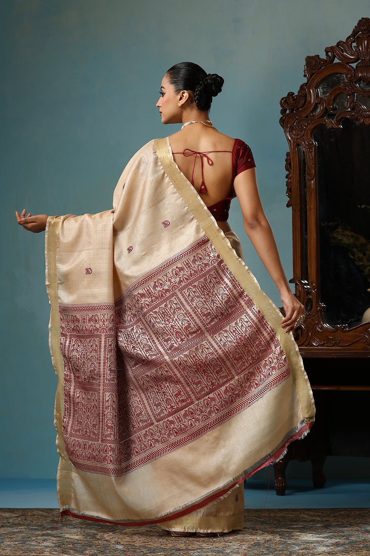 Magnolia handmade beige Kosa Silk saree with Chhattisgarh tribal art on the palla