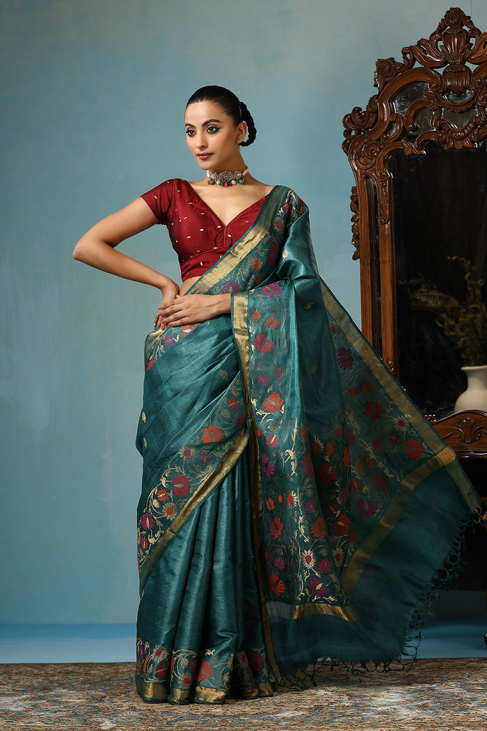 Sunflower handmade turquoise blue Kosa Silk saree with beautiful flower designs all over