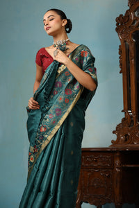 Sunflower handmade turquoise blue Kosa Silk saree with beautiful flower designs all over