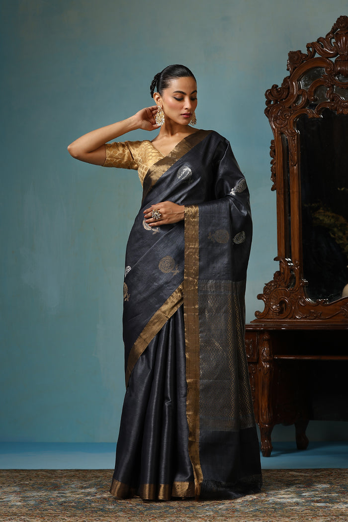 Camellia handmade dark grey Kosa Silk saree with delicate rose designs all over