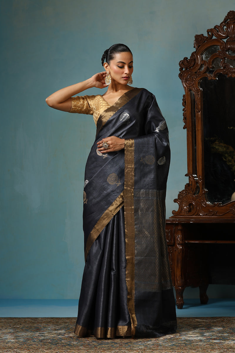 Camellia handmade dark grey Kosa Silk saree with delicate rose designs all over