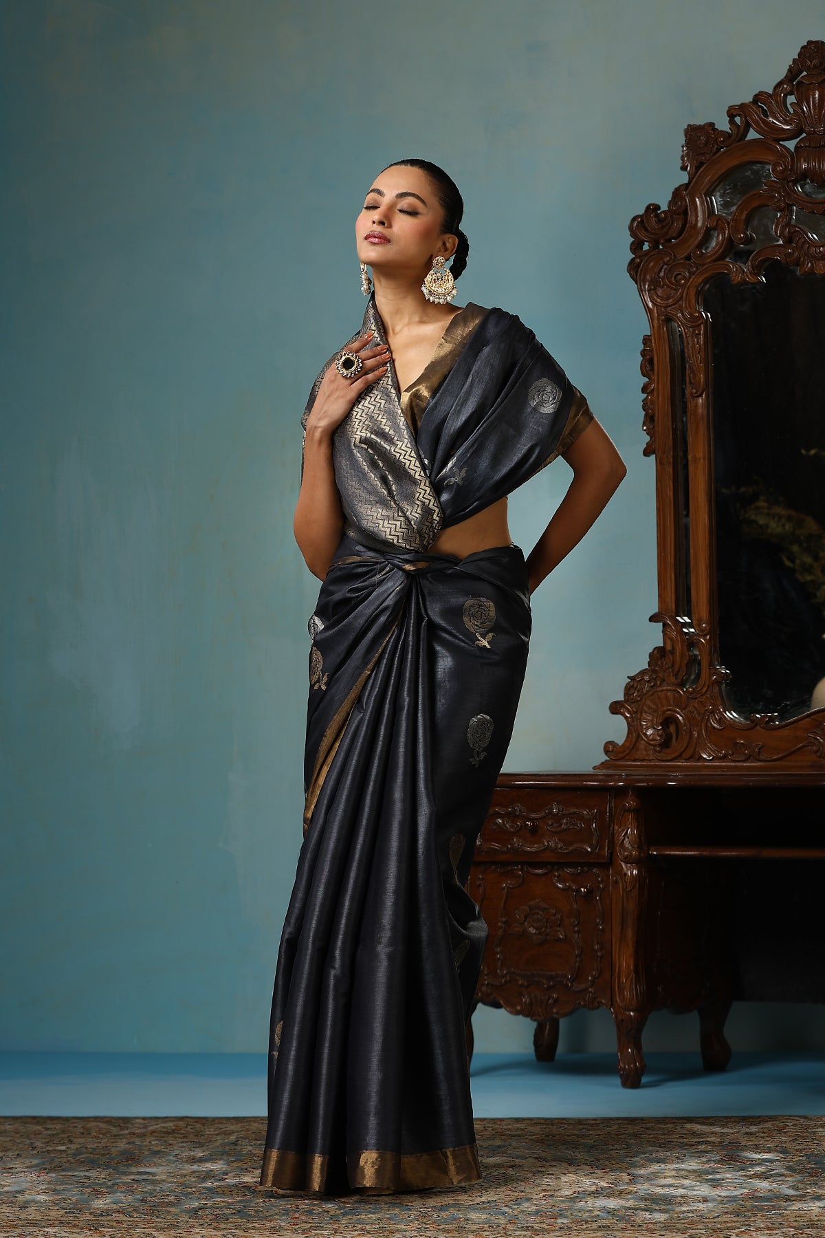 Camellia handmade dark grey Kosa Silk saree with delicate rose designs all over