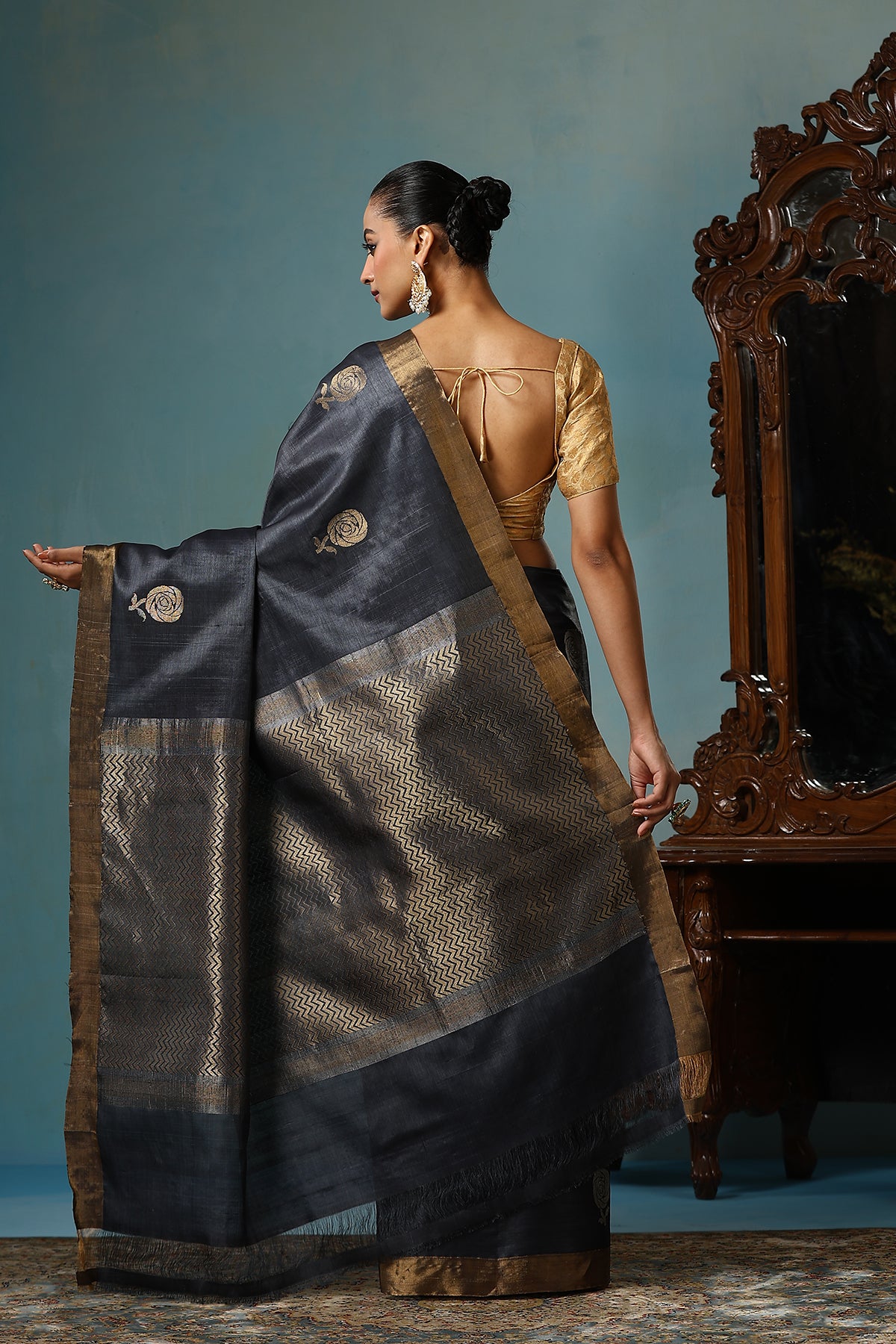 Camellia handmade dark grey Kosa Silk saree with delicate rose designs all over