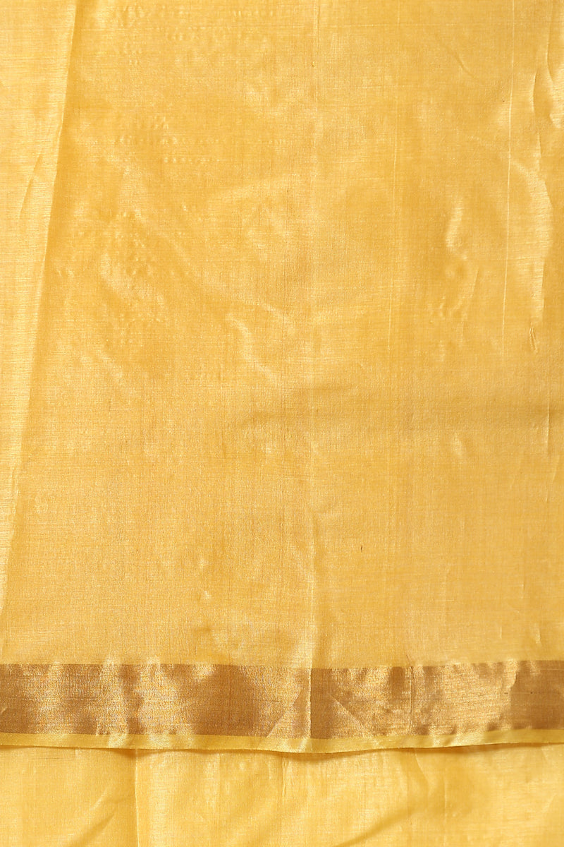 Marigold handmade light yellow-gold Kosa Silk saree with flower and leaf designs on the palla