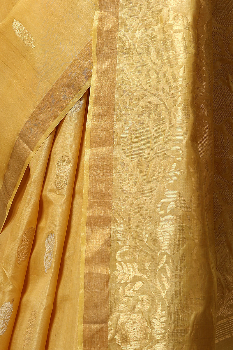 Marigold handmade light yellow-gold Kosa Silk saree with flower and leaf designs on the palla