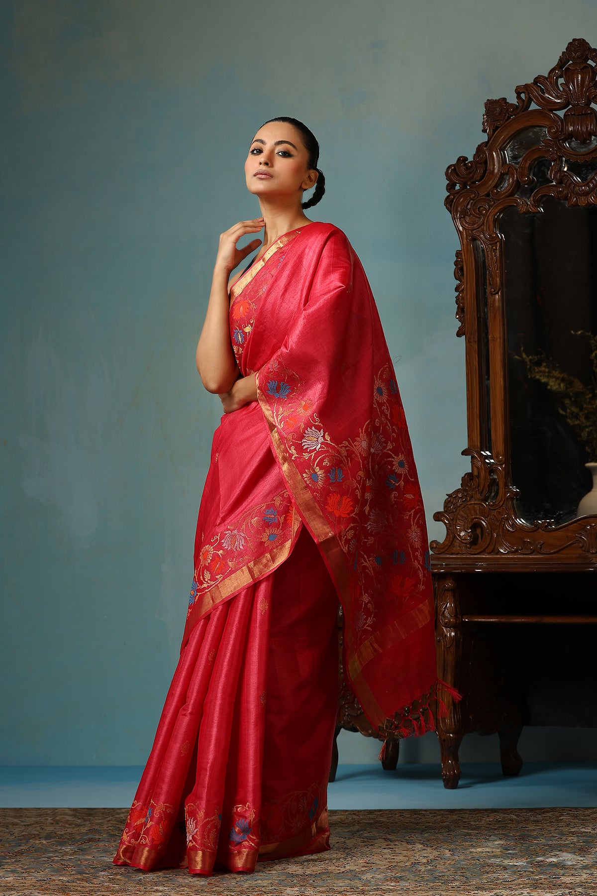 Carnation handmade peach pink Kosa Silk saree with floral designs all over