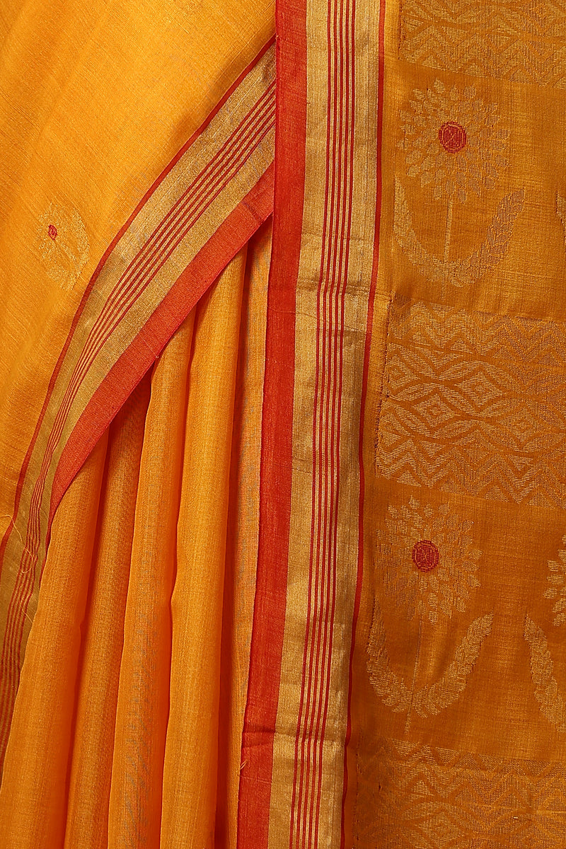 Hyacinth handmade mustard Kosa Silk saree with sunflower designs all over