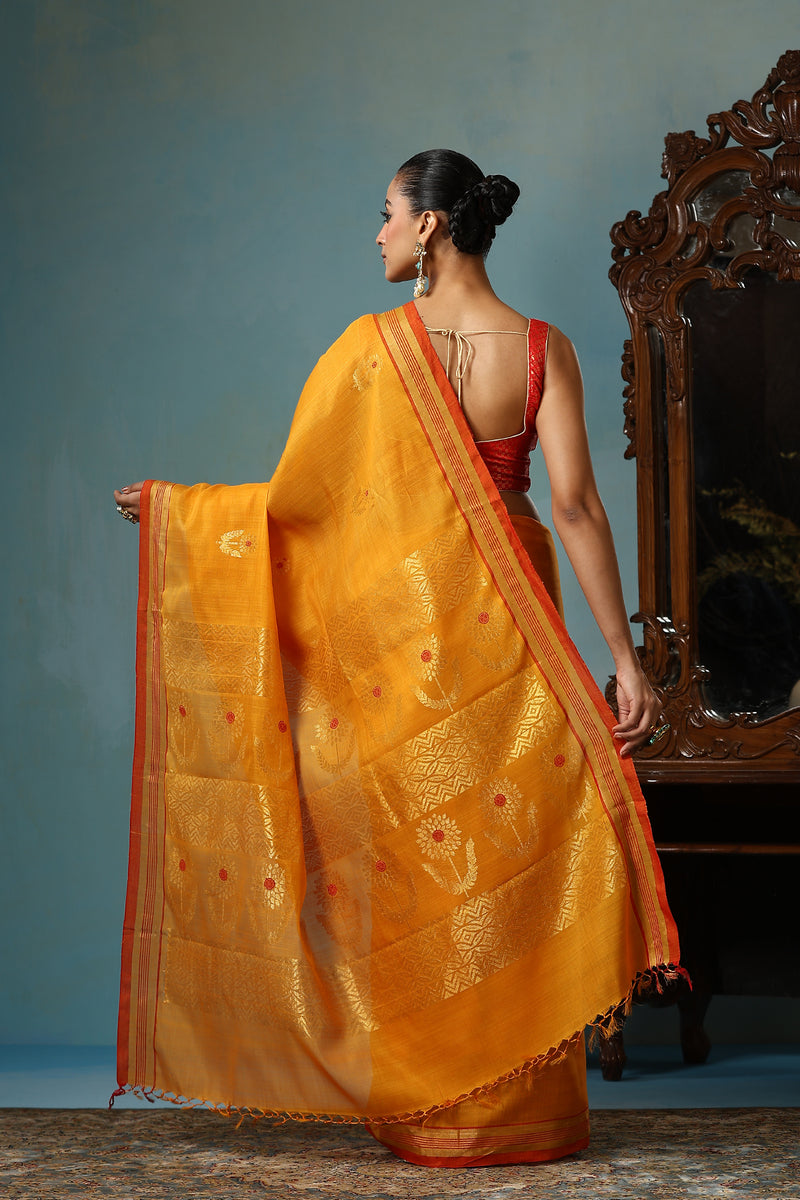 Hyacinth handmade mustard Kosa Silk saree with sunflower designs all over