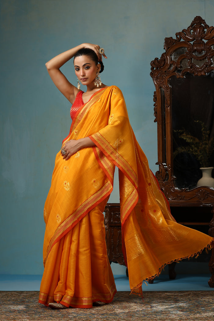 Hyacinth handmade mustard Kosa Silk saree with sunflower designs all over