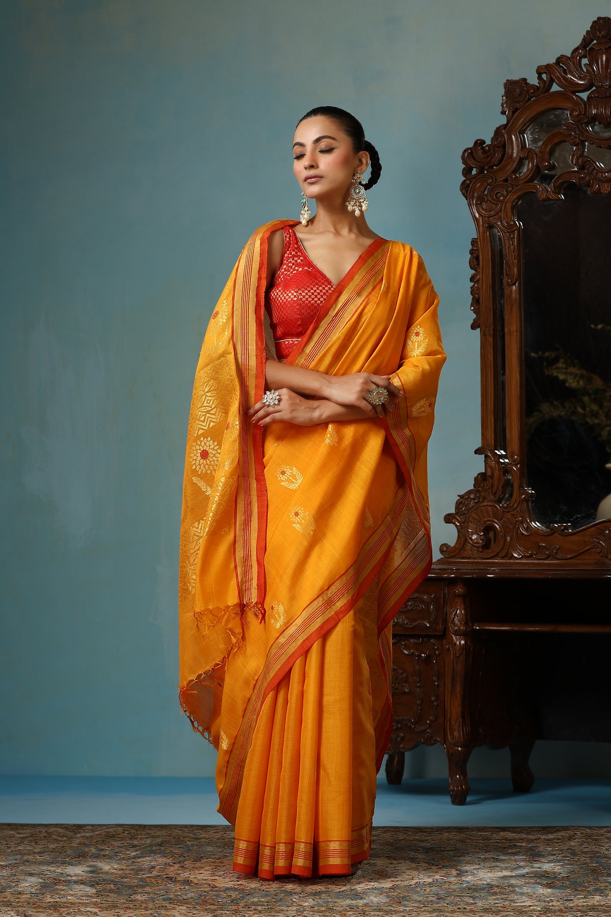 Hyacinth handmade mustard Kosa Silk saree with sunflower designs all over