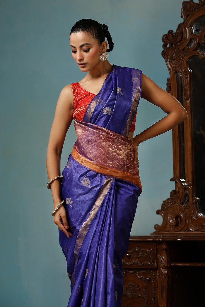 Rose handmade rich blue Kosa Silk saree with lotus motif all over and on the palla