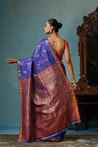 Rose handmade rich blue Kosa Silk saree with lotus motif all over and on the palla