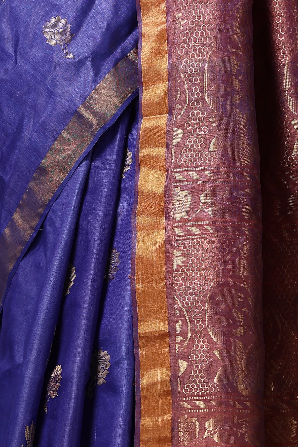 Rose handmade rich blue Kosa Silk saree with lotus motif all over and on the palla