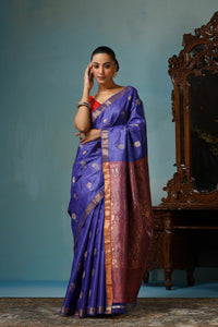 Rose handmade rich blue Kosa Silk saree with lotus motif all over and on the palla