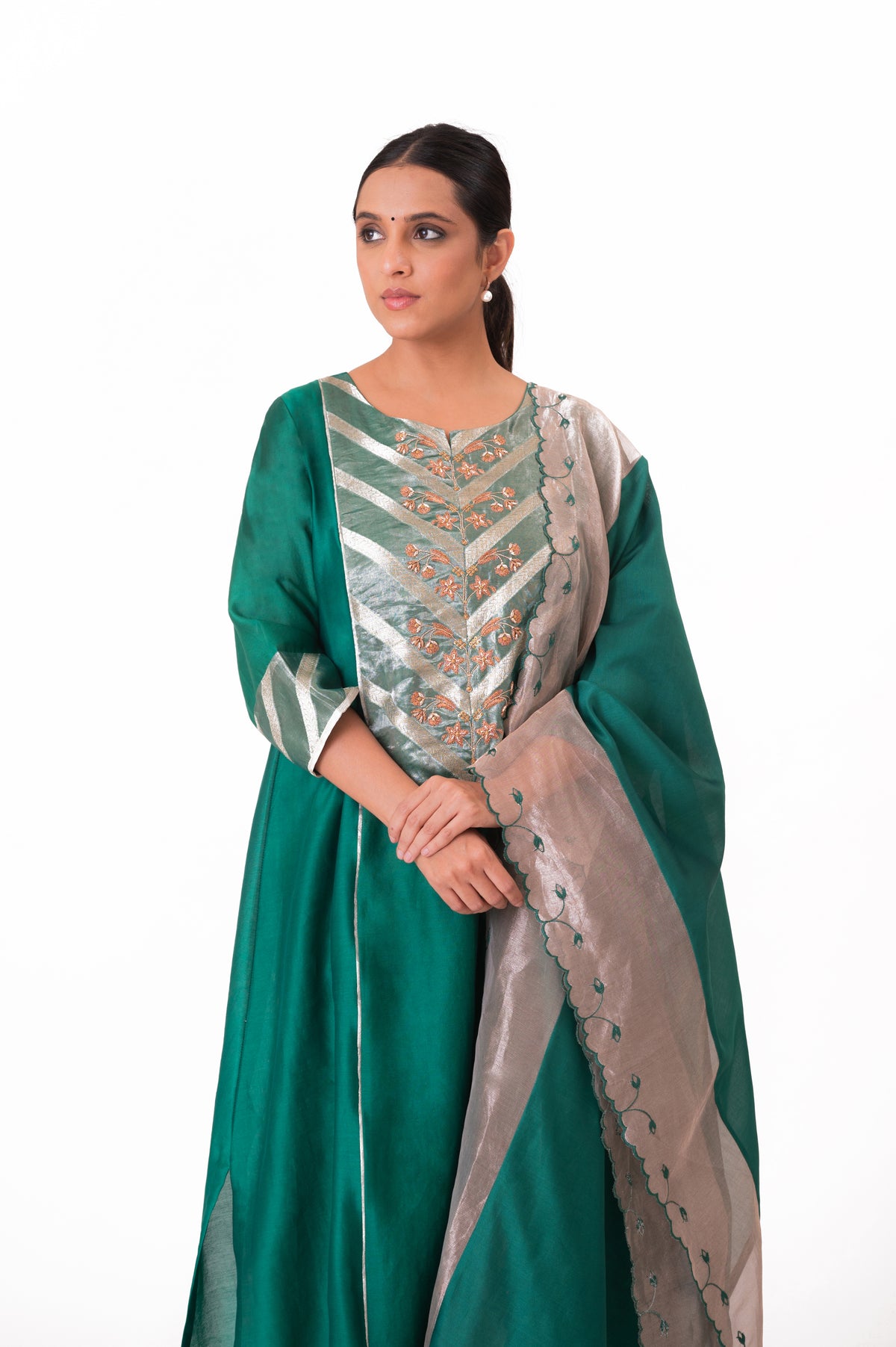 LILA - Emerald Green - Banarasi Yoke Kurta Set