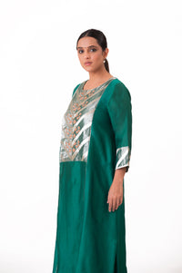 LILA - Emerald Green - Banarasi Yoke Kurta Set