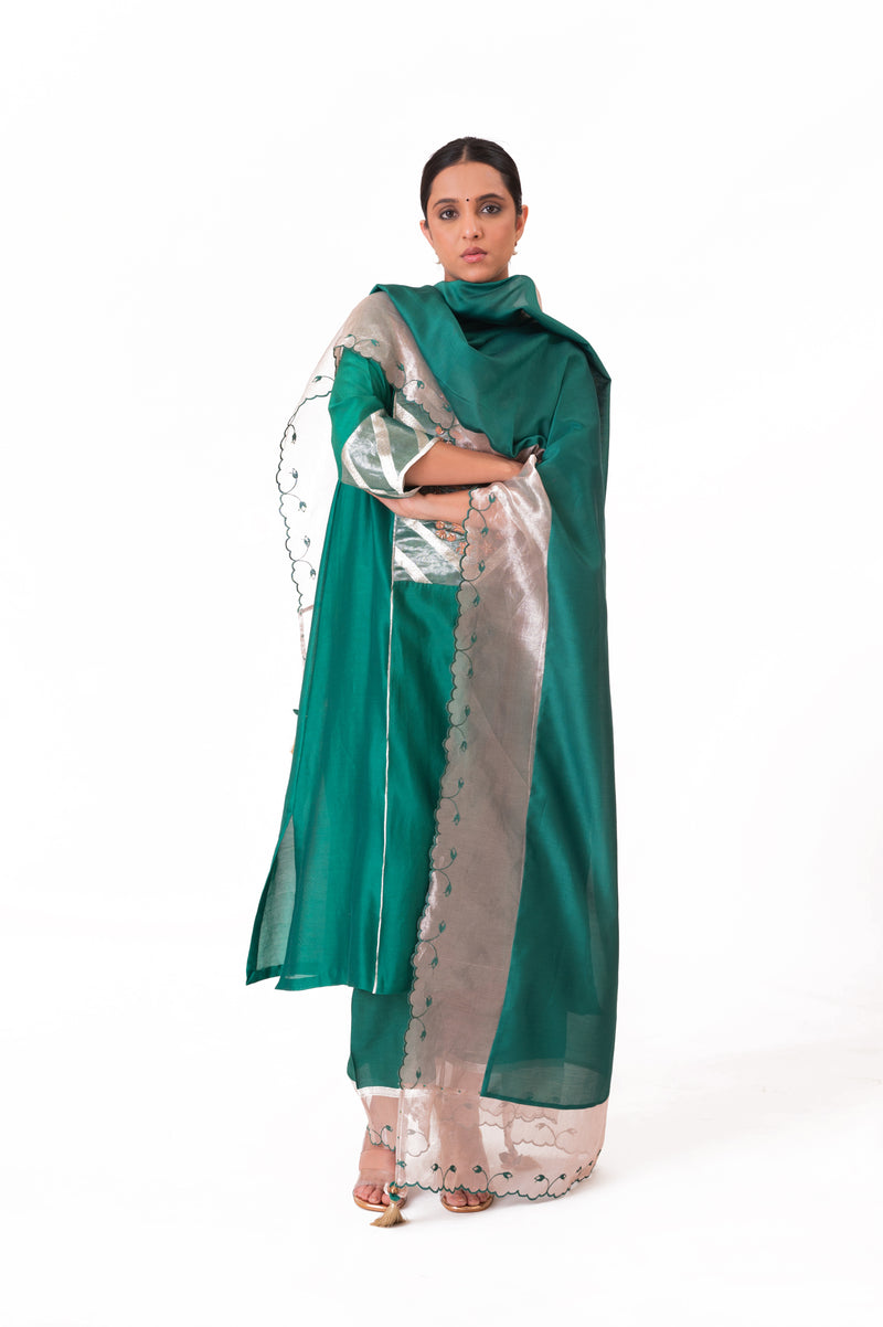 LILA - Emerald Green - Banarasi Yoke Kurta Set