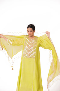 LILA - Lime Green - Banarasi Yoke Kurta Set