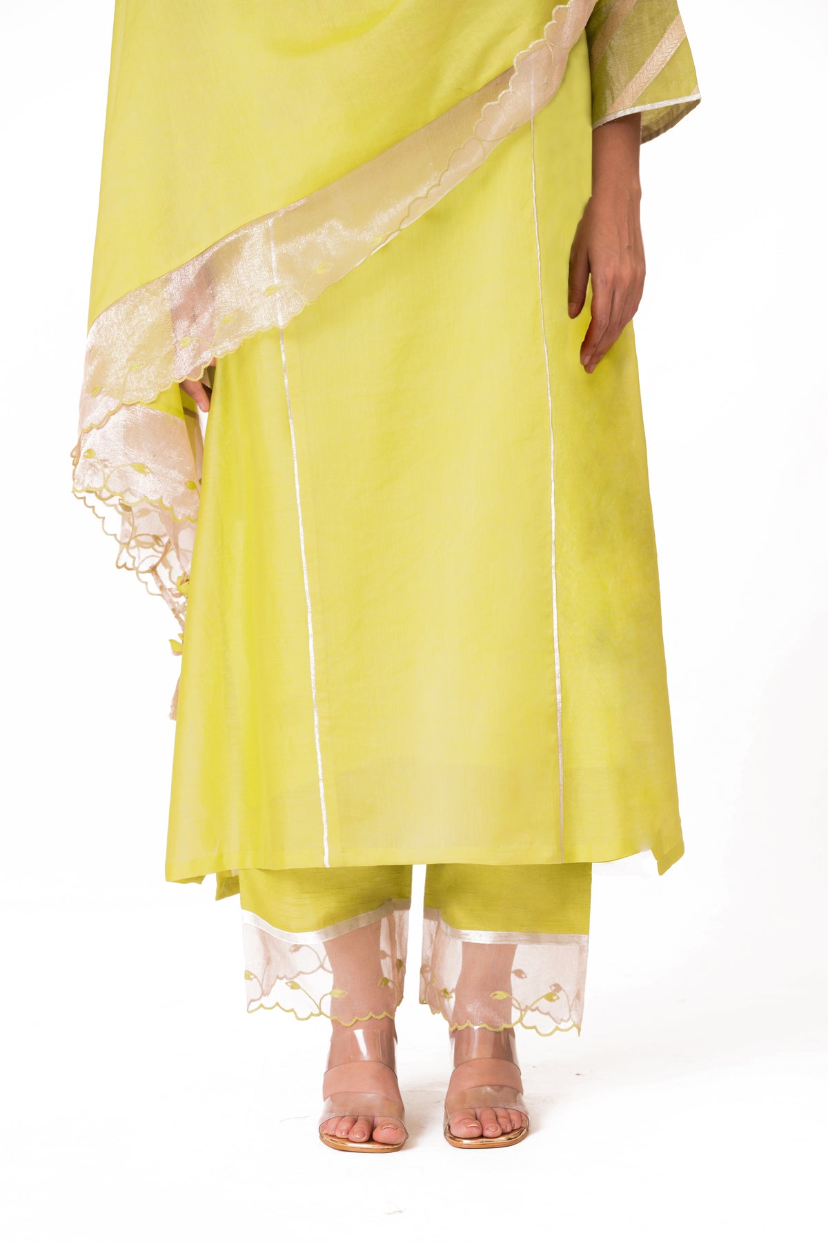 LILA - Lime Green - Banarasi Yoke Kurta Set