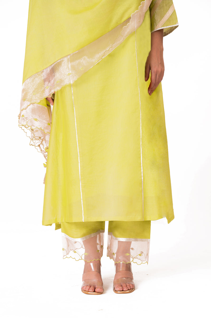 LILA - Lime Green - Banarasi Yoke Kurta Set