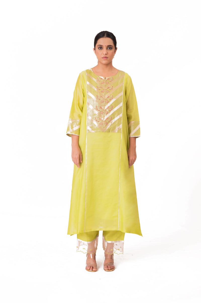 LILA - Lime Green - Banarasi Yoke Kurta Set