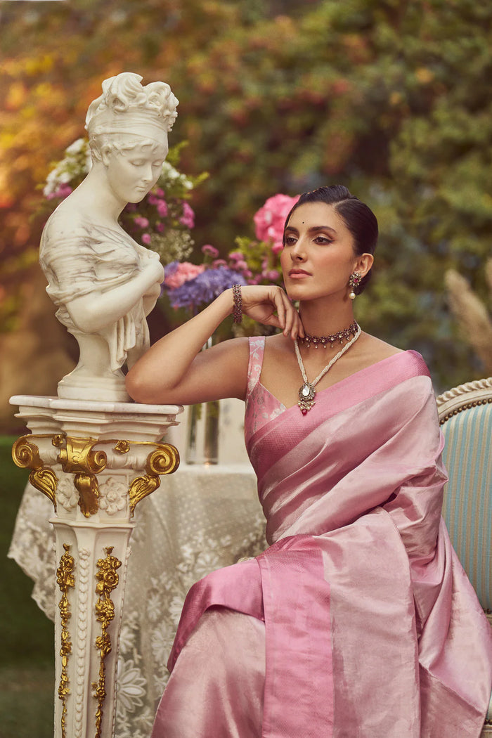 'Irene Adler' Pink Tissue Handloom Sari