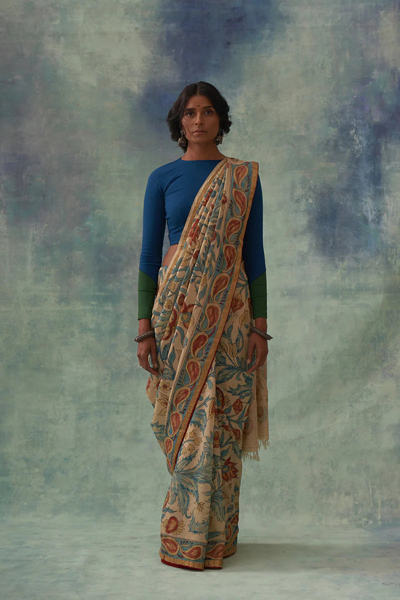 'Pragalbha' Kalamkari with Zari Pure Banarasi Silk Sari