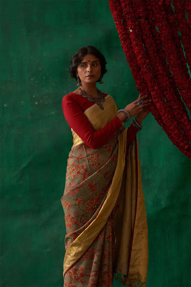 Sudarshna' Kalamkari with Zari Pure Kanjivaram Silk Sari