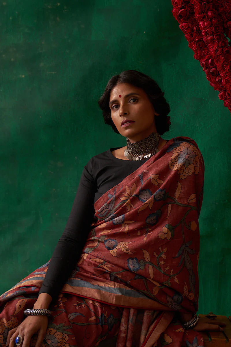 Apsara' Kalamkari with Zari Pure Banarasi Silk Sari