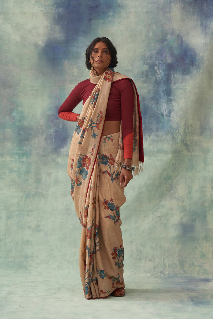 'Manini' Kalamkari Pure Tussar Silk Sari