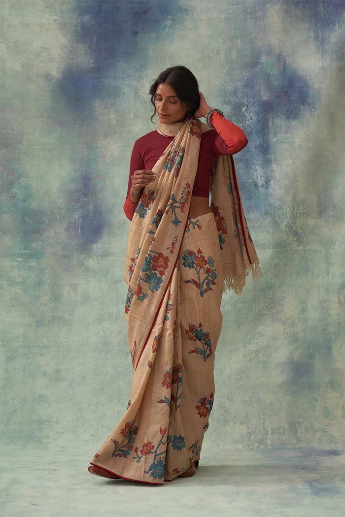 'Manini' Kalamkari Pure Tussar Silk Sari