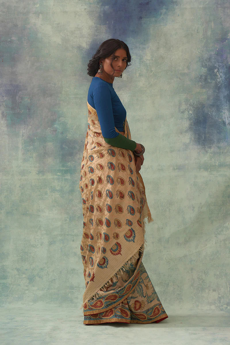 'Pragalbha' Kalamkari with Zari Pure Banarasi Silk Sari