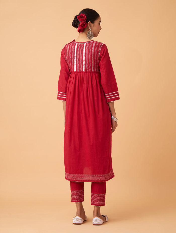 Red Gathered Kurta Set