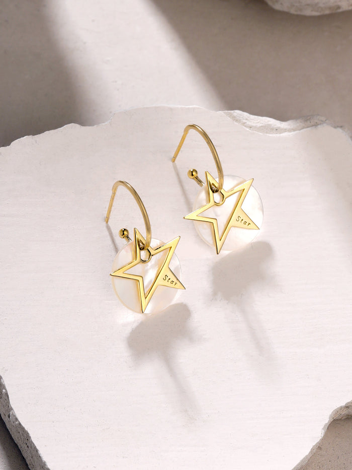 24k Gold Star and Mother of Pearl Hoop Earrings Syra Collection