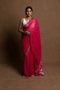 Gulab Phool I Pink Handloom Mul Cotton Saree With Zari Border