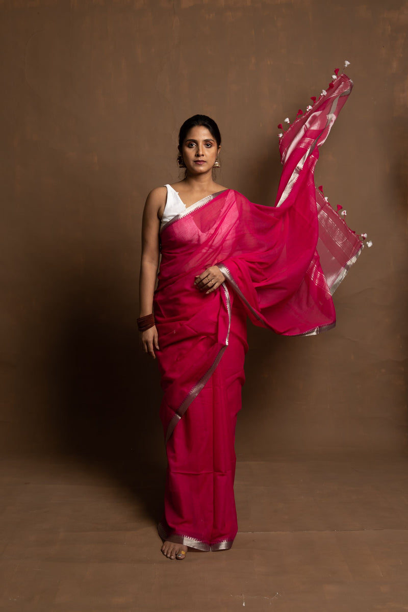 Gulab Phool I Pink Handloom Mul Cotton Saree With Zari Border