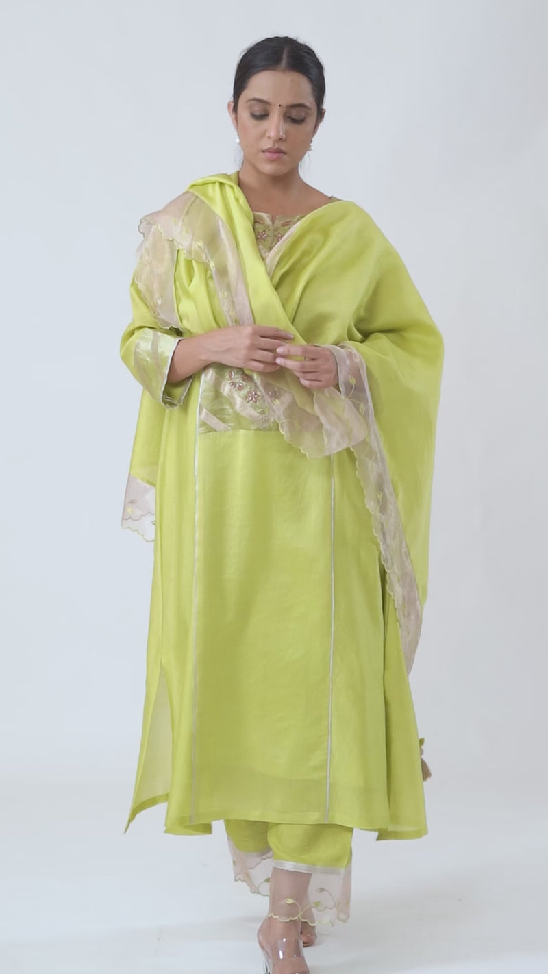 LILA - Lime Green - Banarasi Yoke Kurta Set