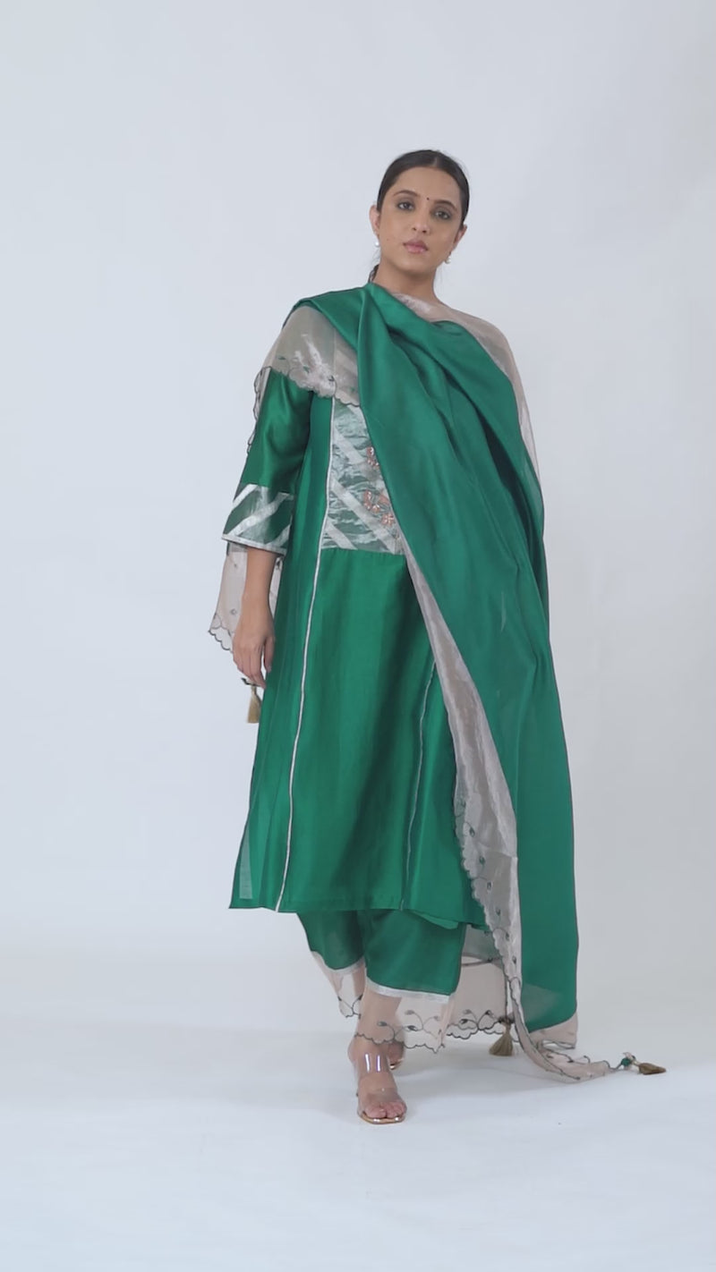 LILA - Emerald Green - Banarasi Yoke Kurta Set